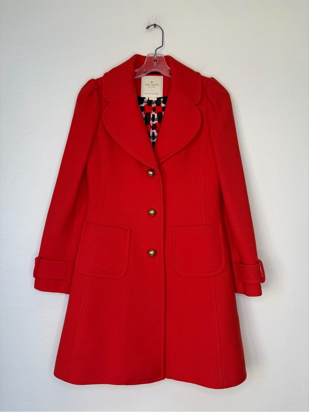 Kate Spade Eryn Red Wool Peacoat Puff Shoulder Gold Buttons Coat Sz 0